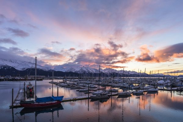 Sunset over Seward Small Boat Harbor from Harbor 360 Hotel